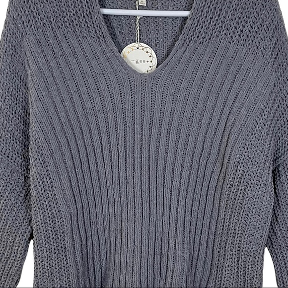 Umgee Oversized Chenille Loose Knit Wide Neckline V-neck Sweater - Picture 3 of 16